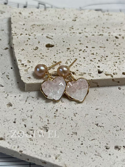Pink Heart purple pearl drop Earrings 