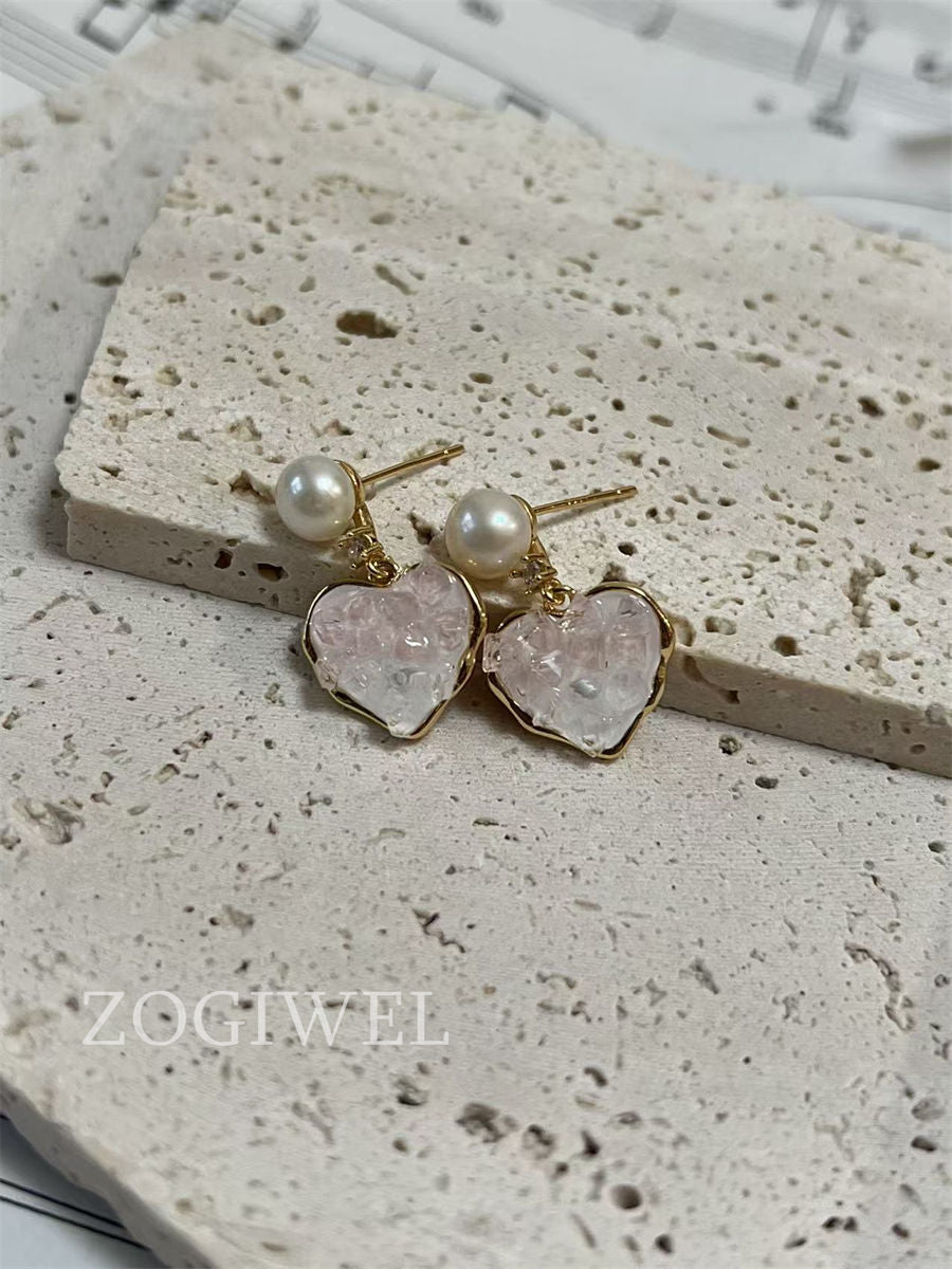 Pink Heart white pearl drop Earrings 