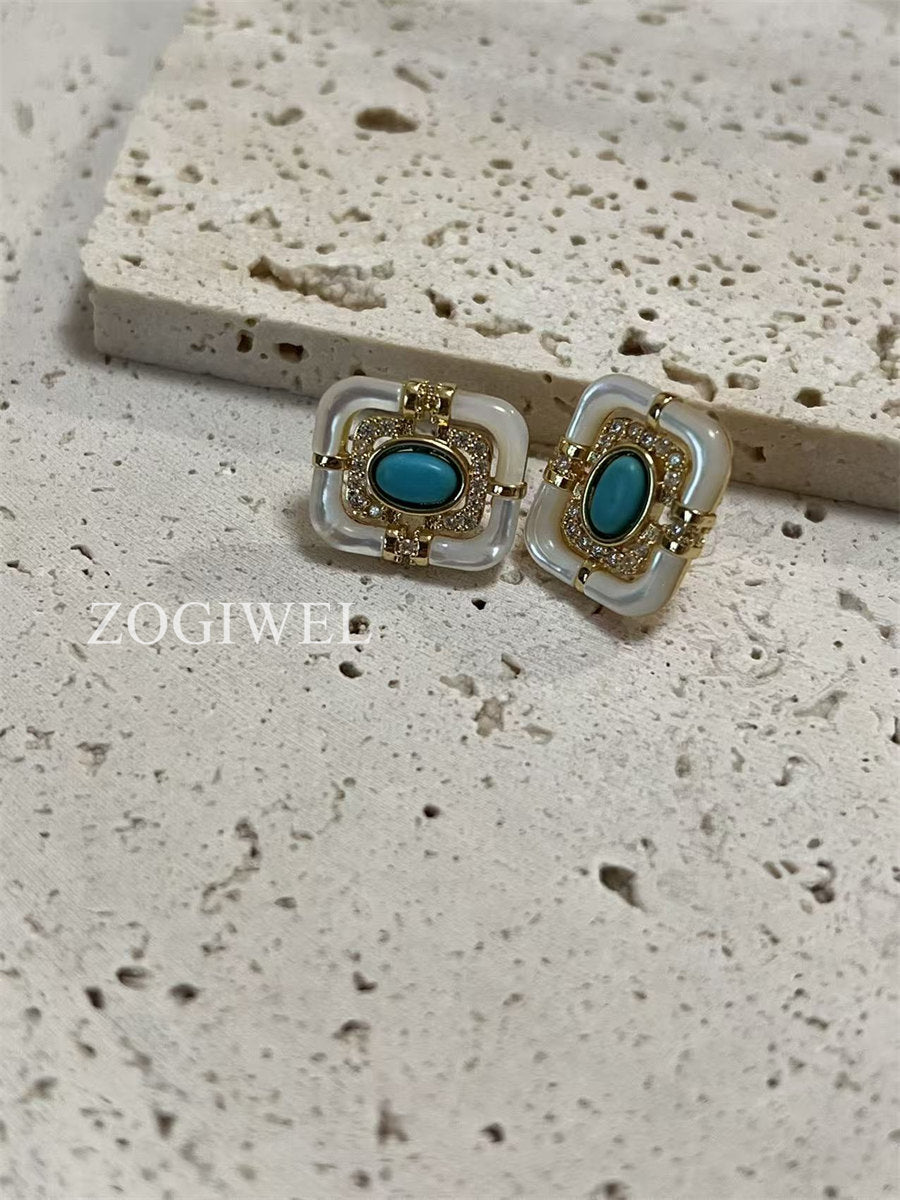 Turquoise & Mother of Pearl Stud Earrings with Gold Accents