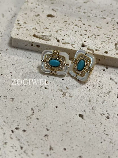 Turquoise & Mother of Pearl Stud Earrings with Gold Accents