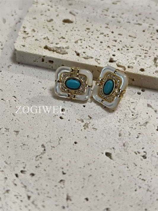 Turquoise & Mother of Pearl Stud Earrings with Gold Accents