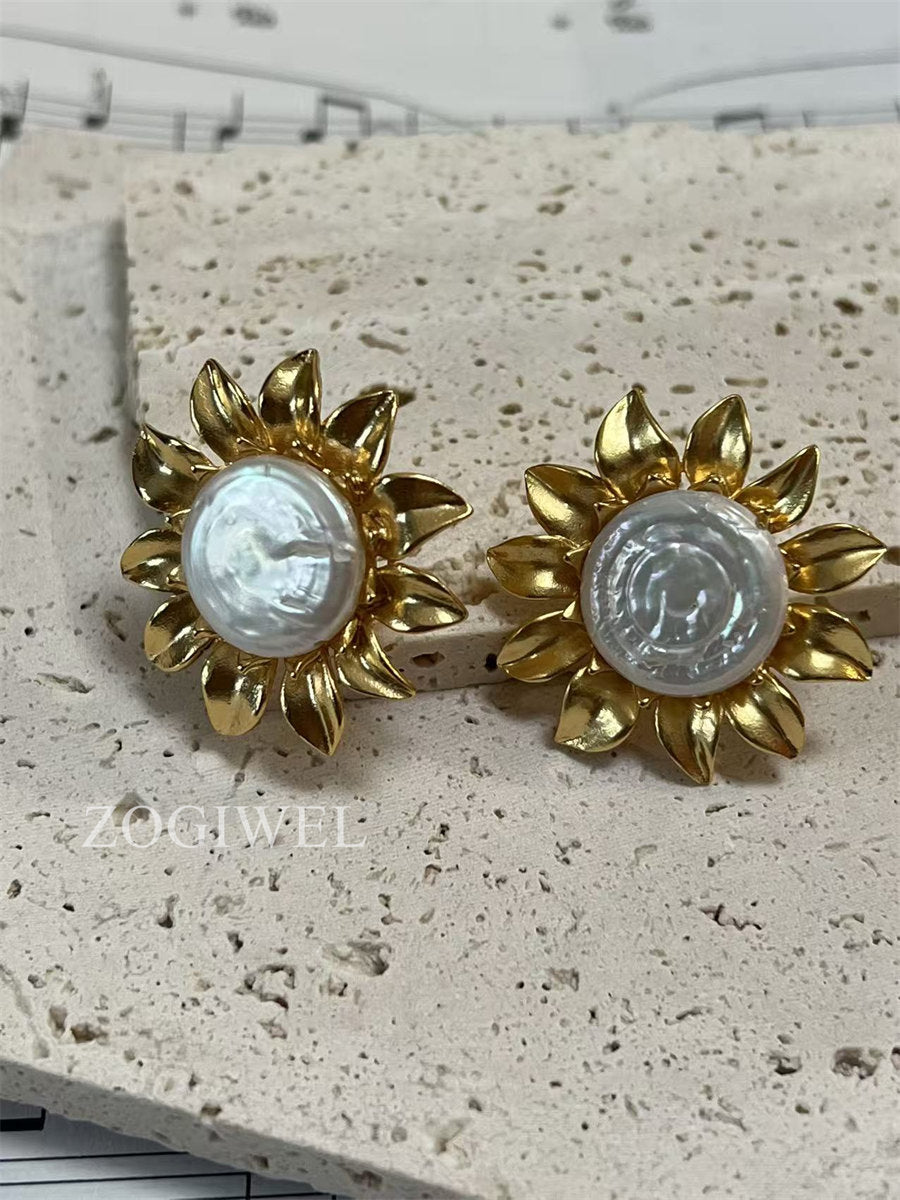 Baroque Pearl Sunshine Stud Earrings with Gold Accents