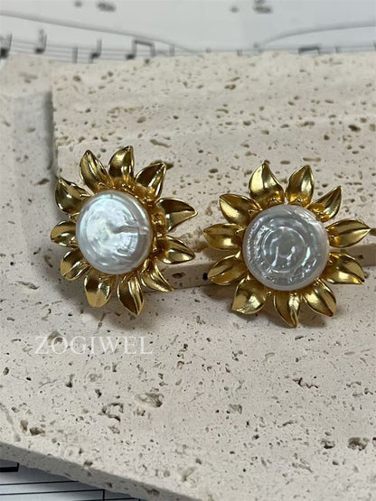 Baroque Pearl Sunshine Stud Earrings with Gold Accents