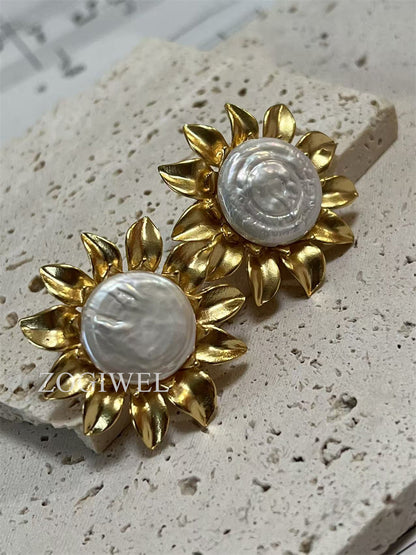 Baroque Pearl Sunshine Stud Earrings with Gold Accents