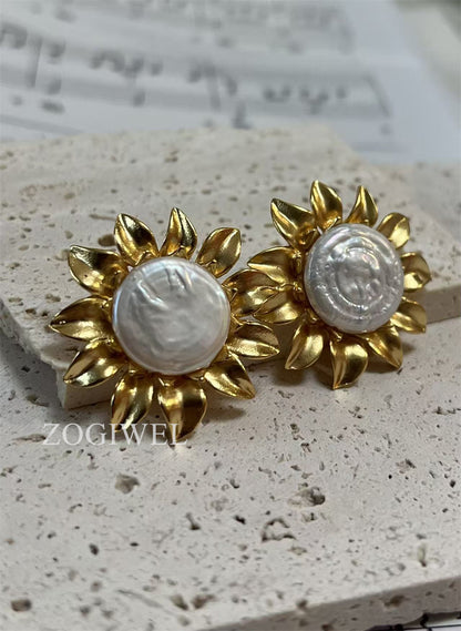 Baroque Pearl Sunshine Stud Earrings with Gold Accents