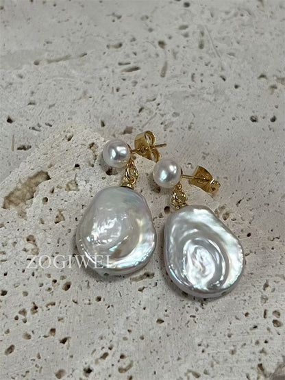 Flat Baroque Pearl Drop Earrings with Button Pearl