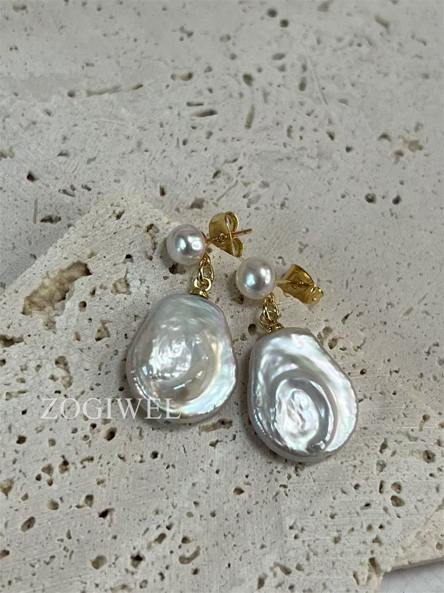 Flat Baroque Pearl Drop Earrings with Button Pearl