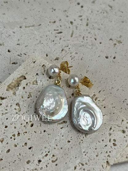 Flat Baroque Pearl Drop Earrings with Button Pearl