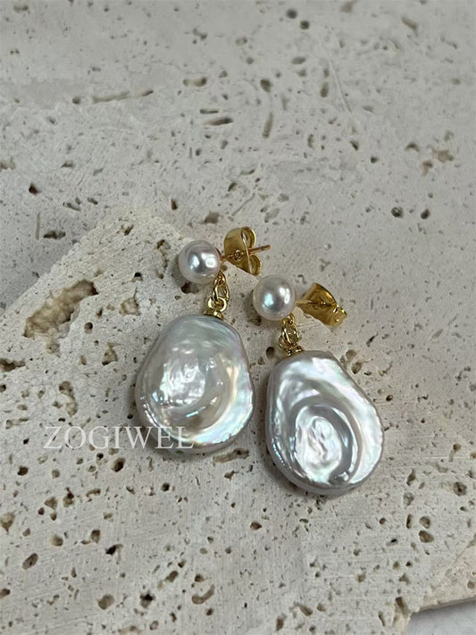 Flat Baroque Pearl Drop Earrings with Button Pearl