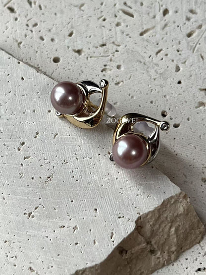 Modern Purple Pearl Stud Earrings with Cubic Zirconia