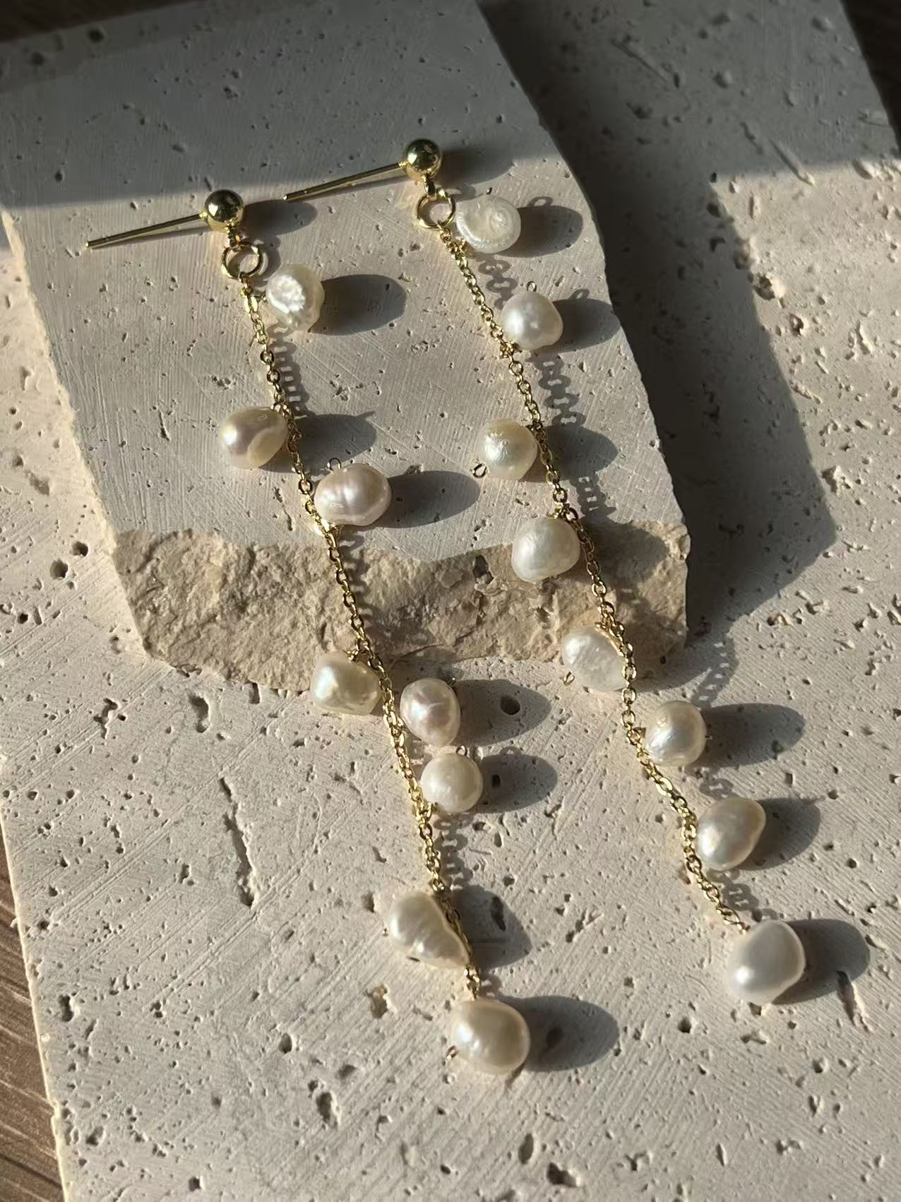 Small Natural Baroque Pearl Long Drop Earrings for Women