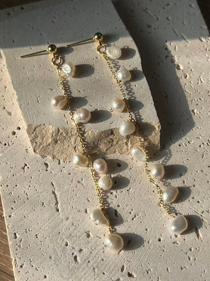 Small Natural Baroque Pearl Long Drop Earrings for Women