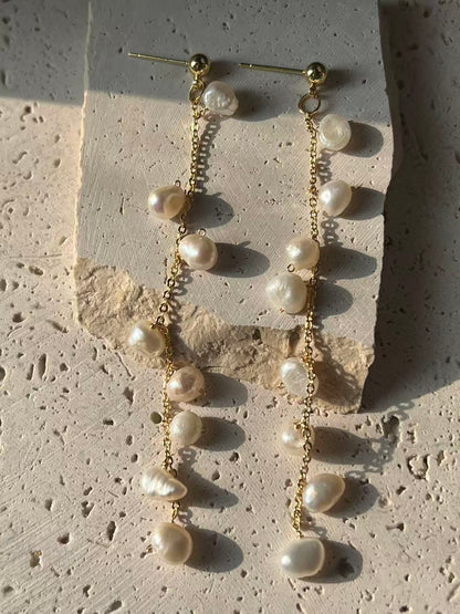 Small Natural Baroque Pearl Long Drop Earrings for Women
