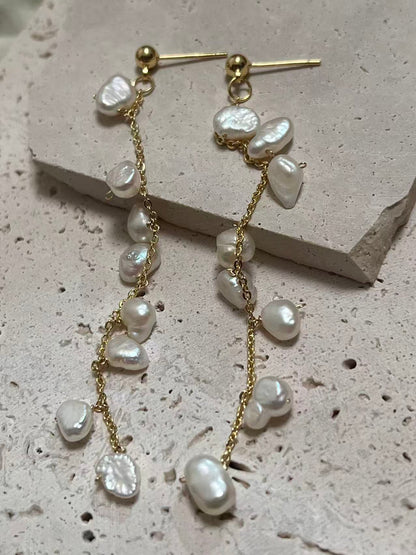 Small Natural Baroque Pearl Long Drop Earrings for Women