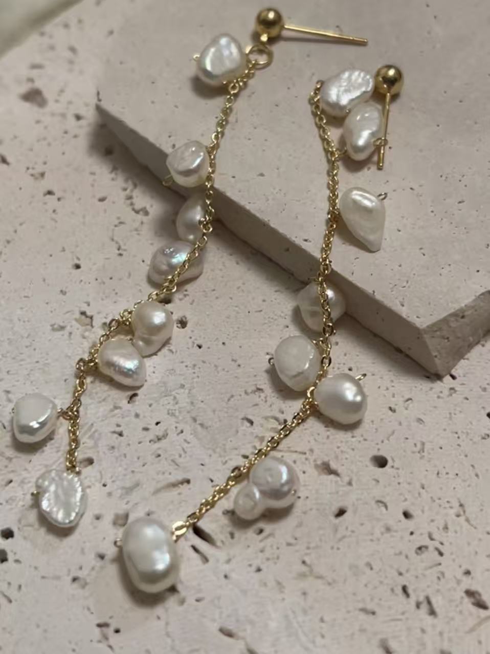 Small Natural Baroque Pearl Long Drop Earrings for Women