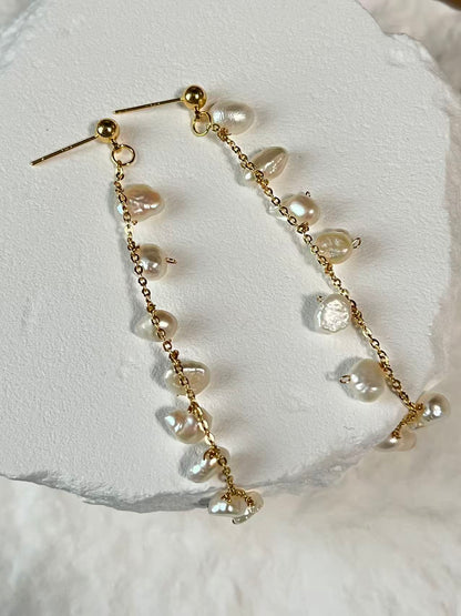 Small Natural Baroque Pearl Long Drop Earrings for Women