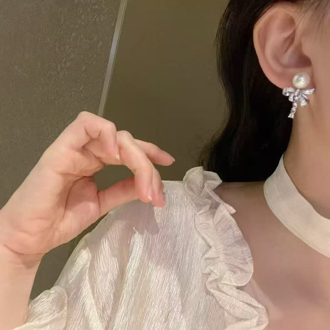 Natural Pearl  Drop Earrings with Sparkly Bow