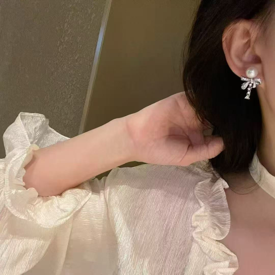Natural Pearl  Drop Earrings with Sparkly Bow