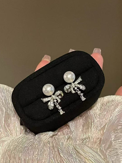 Natural Pearl  Drop Earrings with Sparkly Bow
