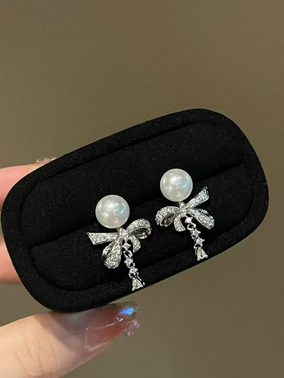 Natural Pearl  Drop Earrings with Sparkly Bow