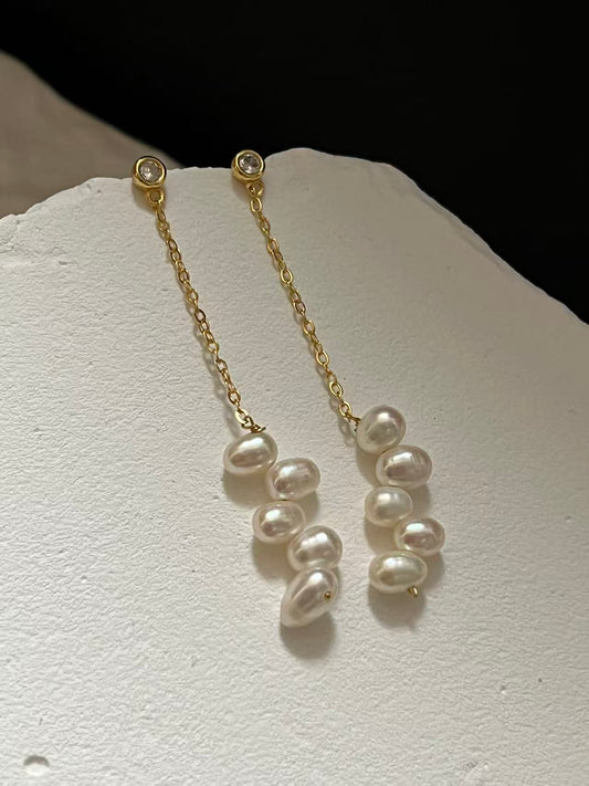 Freshwater Baroque Pearl Long Drop Earrings with Cubic Zirconia