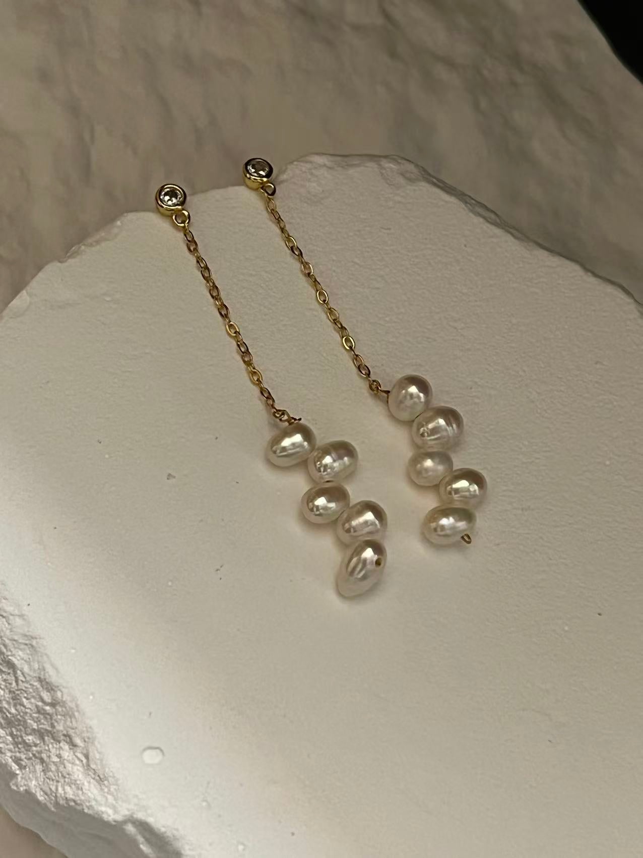 Freshwater Baroque Pearl Long Drop Earrings with Cubic Zirconia