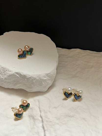 Abalone Shell Heart Drop Earrings with Freshwater Pearl