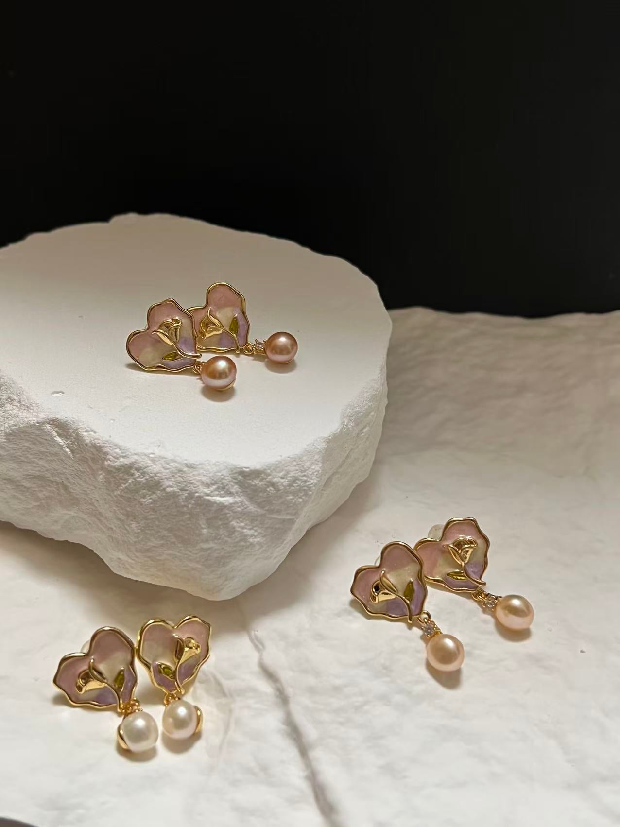 Rose Heart Drop Earrings with Freshwater Pearl