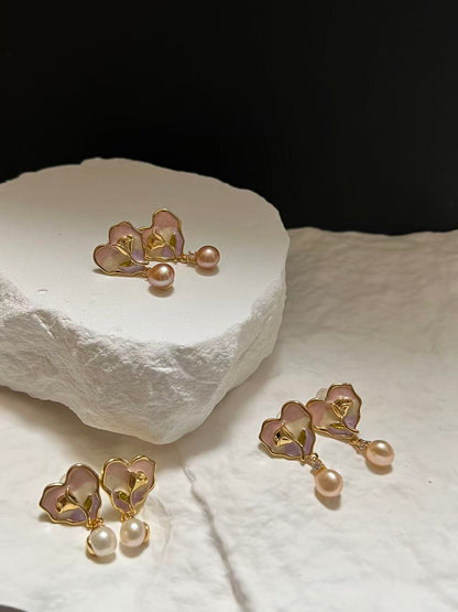 Rose Heart Drop Earrings with Freshwater Pearl