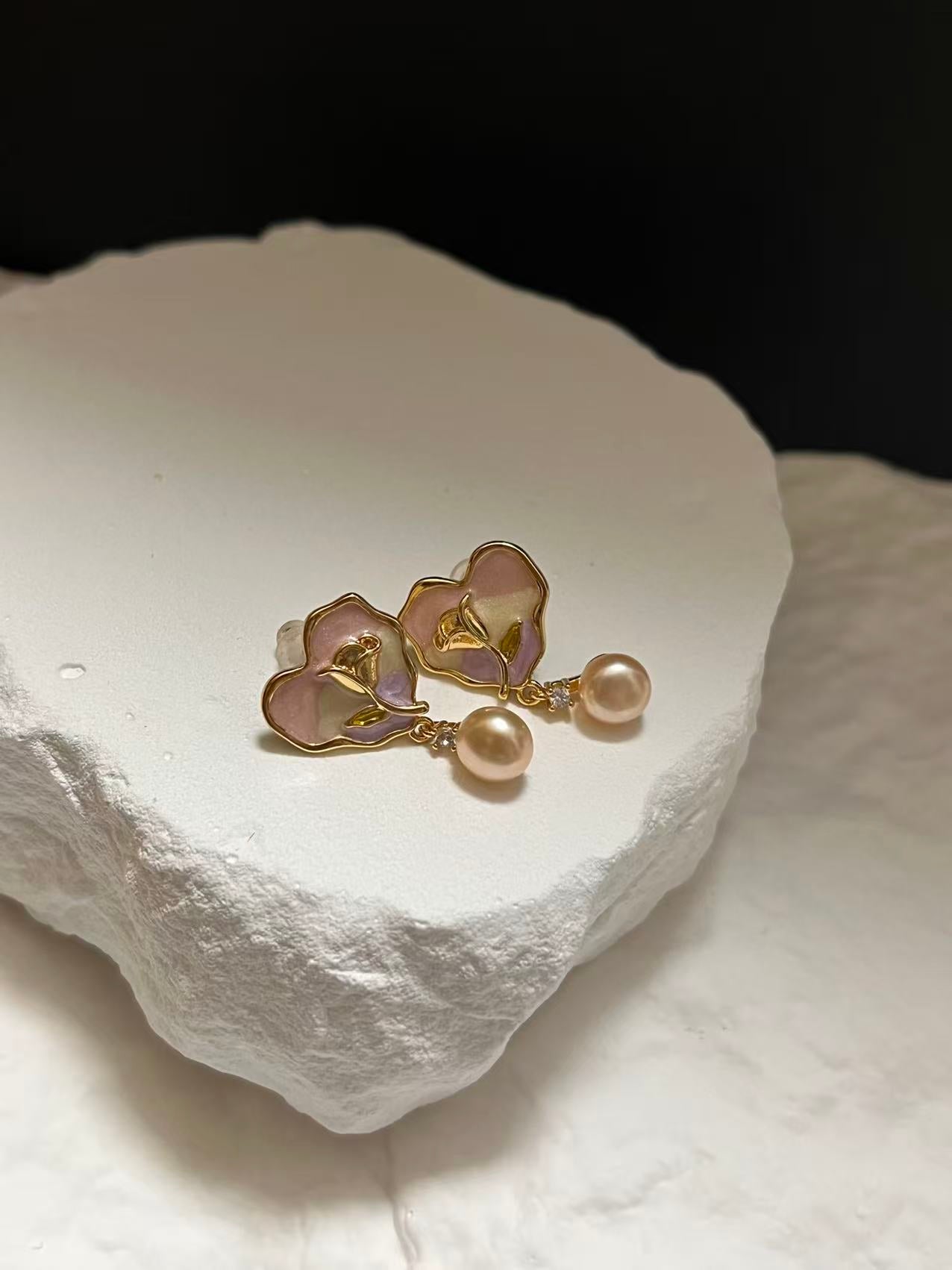 Rose Heart Drop Earrings with Freshwater Pearl