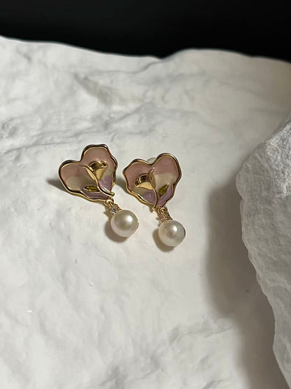 Rose Heart Drop Earrings with Freshwater Pearl