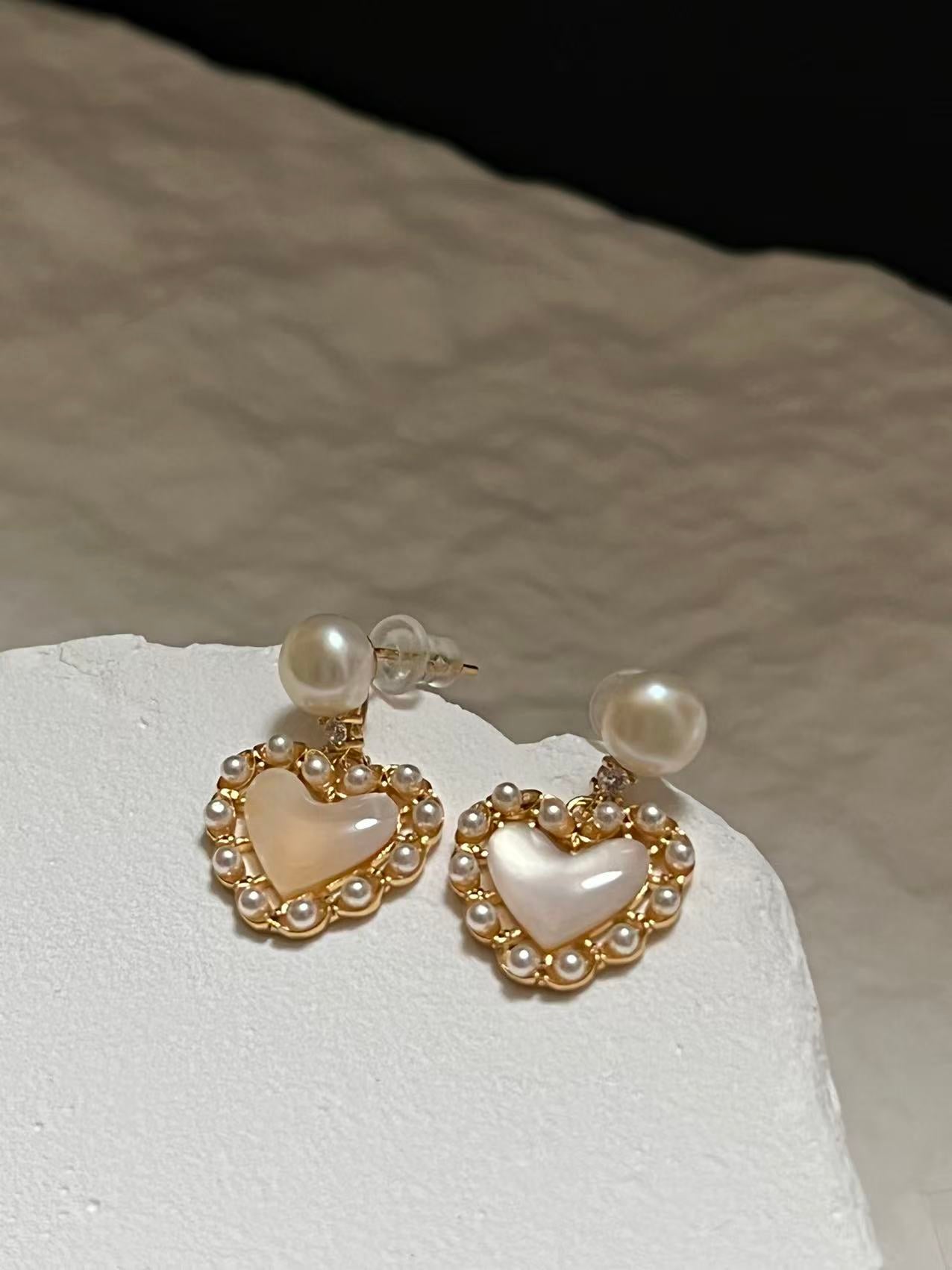 Mother of Pearl Heart Drop Earrings with Freshwater Pearl
