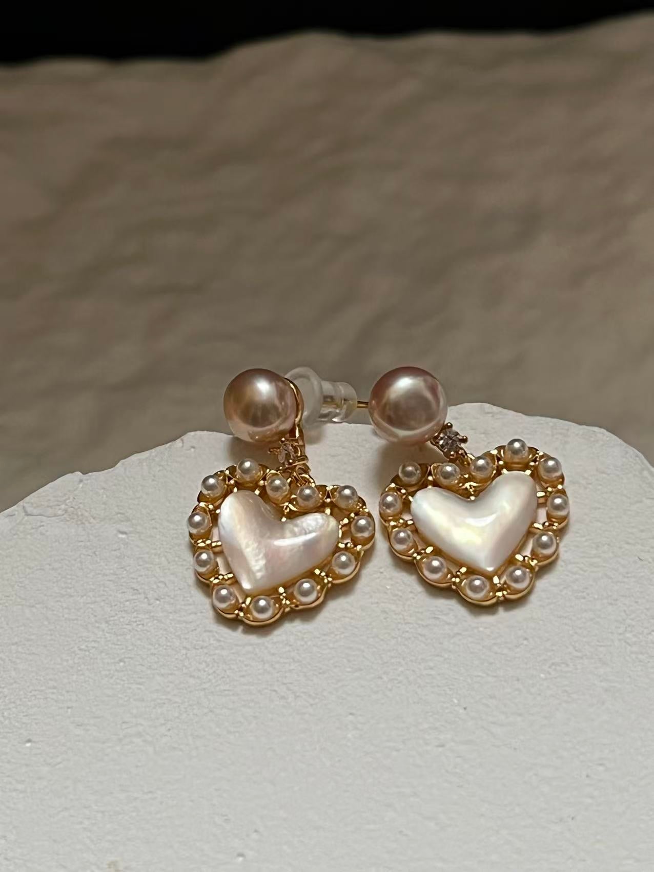 Mother of Pearl Heart Drop Earrings with Freshwater Pearl