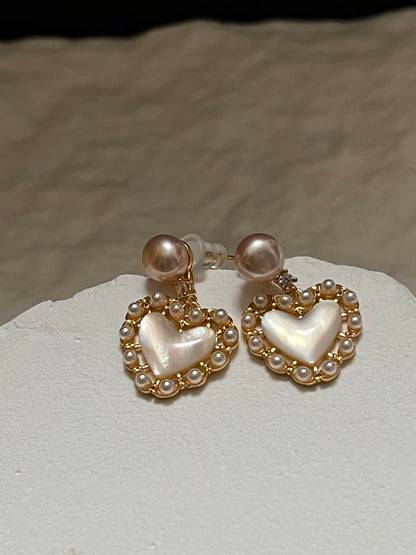 Mother of Pearl Heart Drop Earrings with Freshwater Pearl