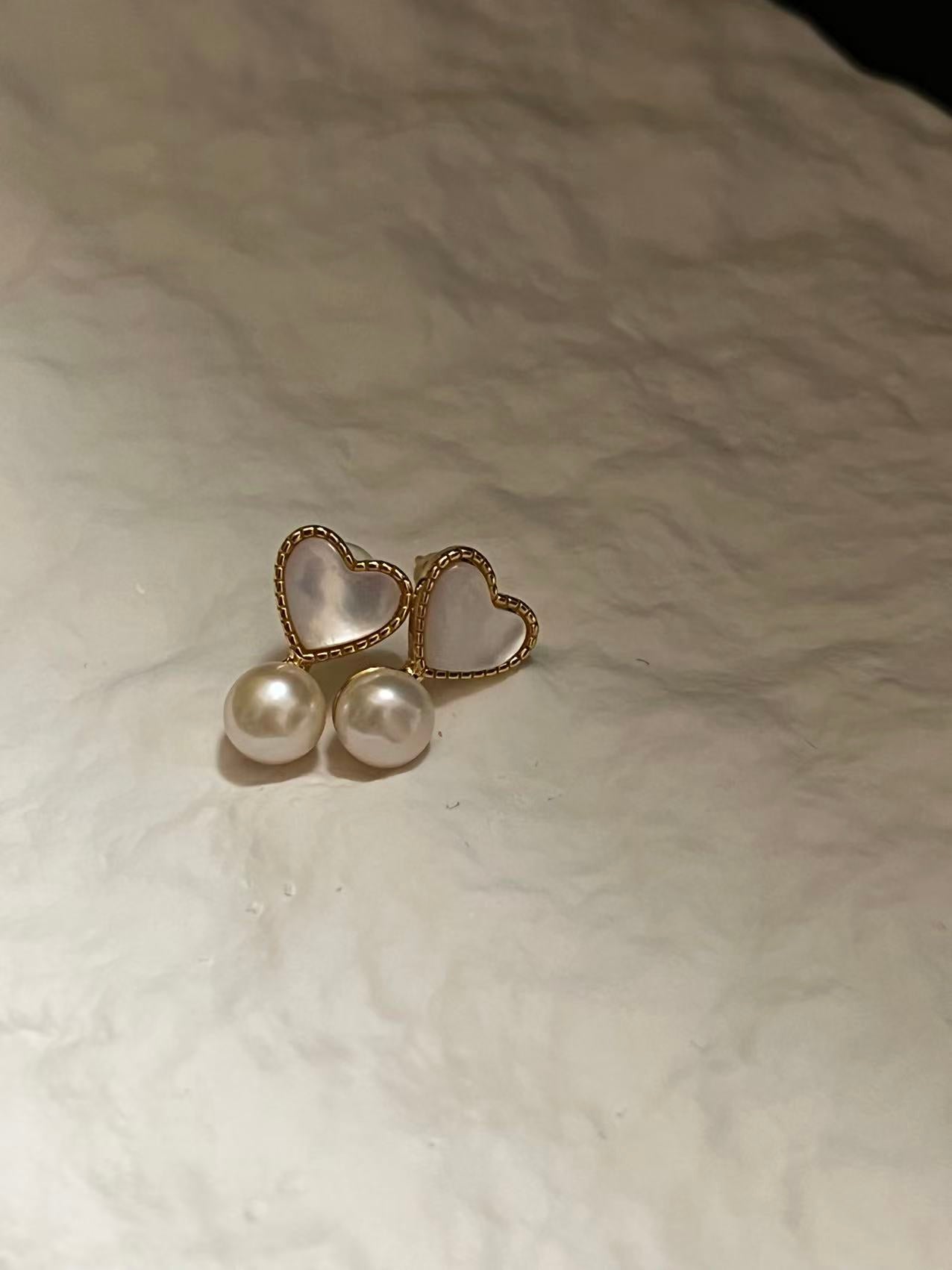 Delicate Mother of Pearl Heart Drop Earrings with Freshwater Pearl