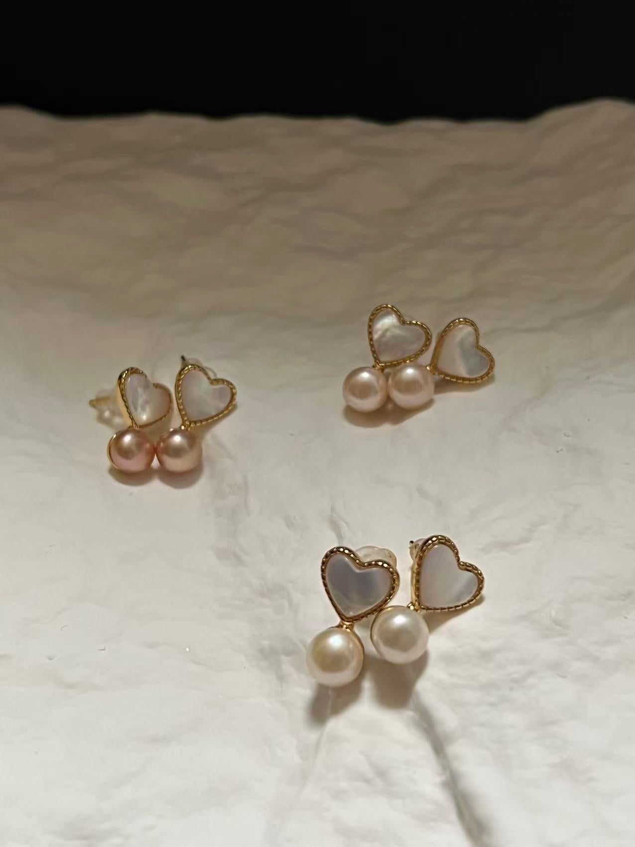 Delicate Mother of Pearl Heart Drop Earrings with Freshwater Pearl