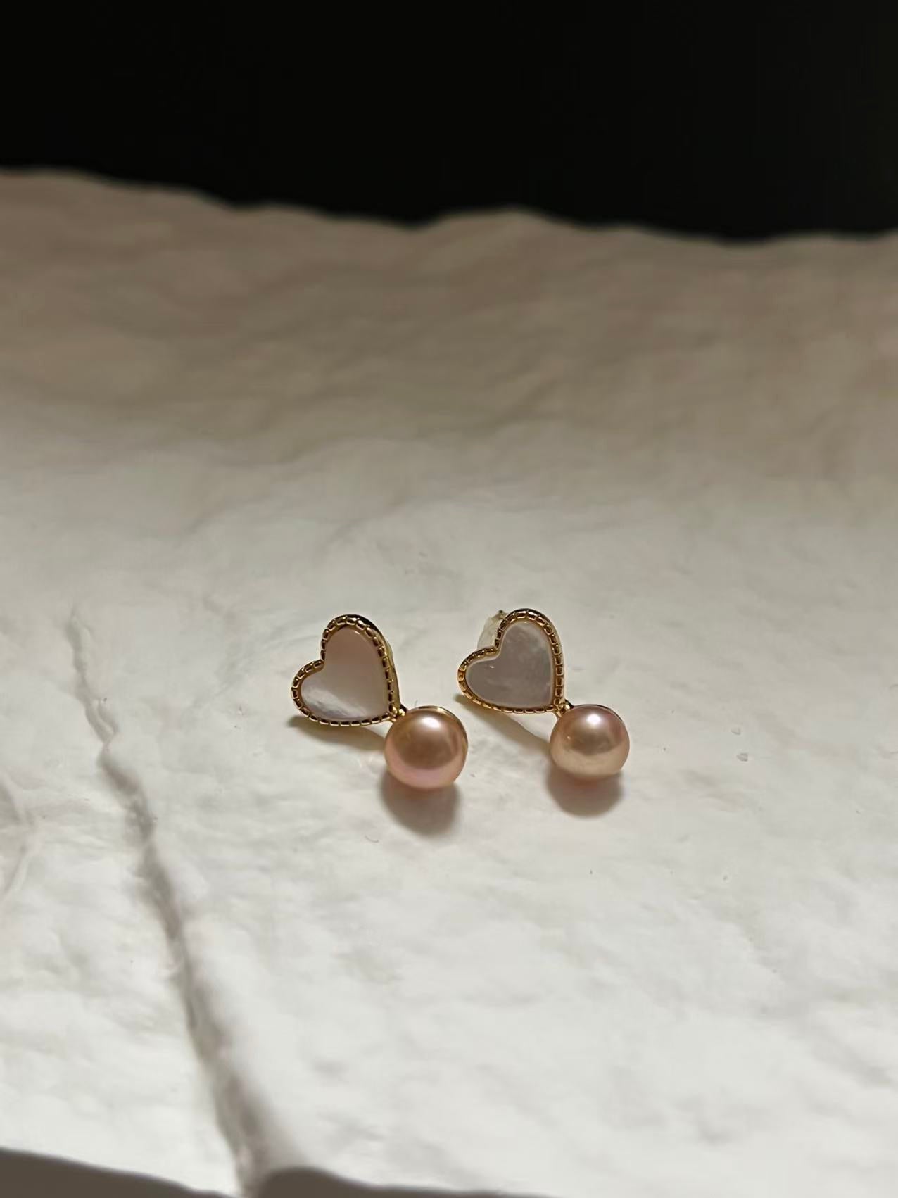 Delicate Mother of Pearl Heart Drop Earrings with Freshwater Pearl