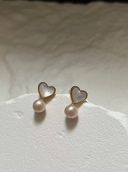 Delicate Mother of Pearl Heart Drop Earrings with Freshwater Pearl