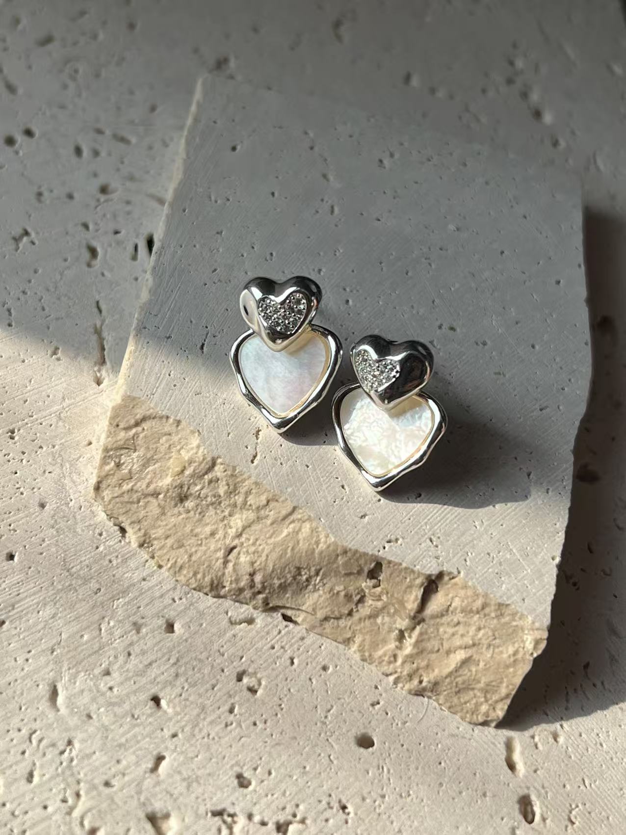 Mother of Pearl Double Heart Stud Earrings