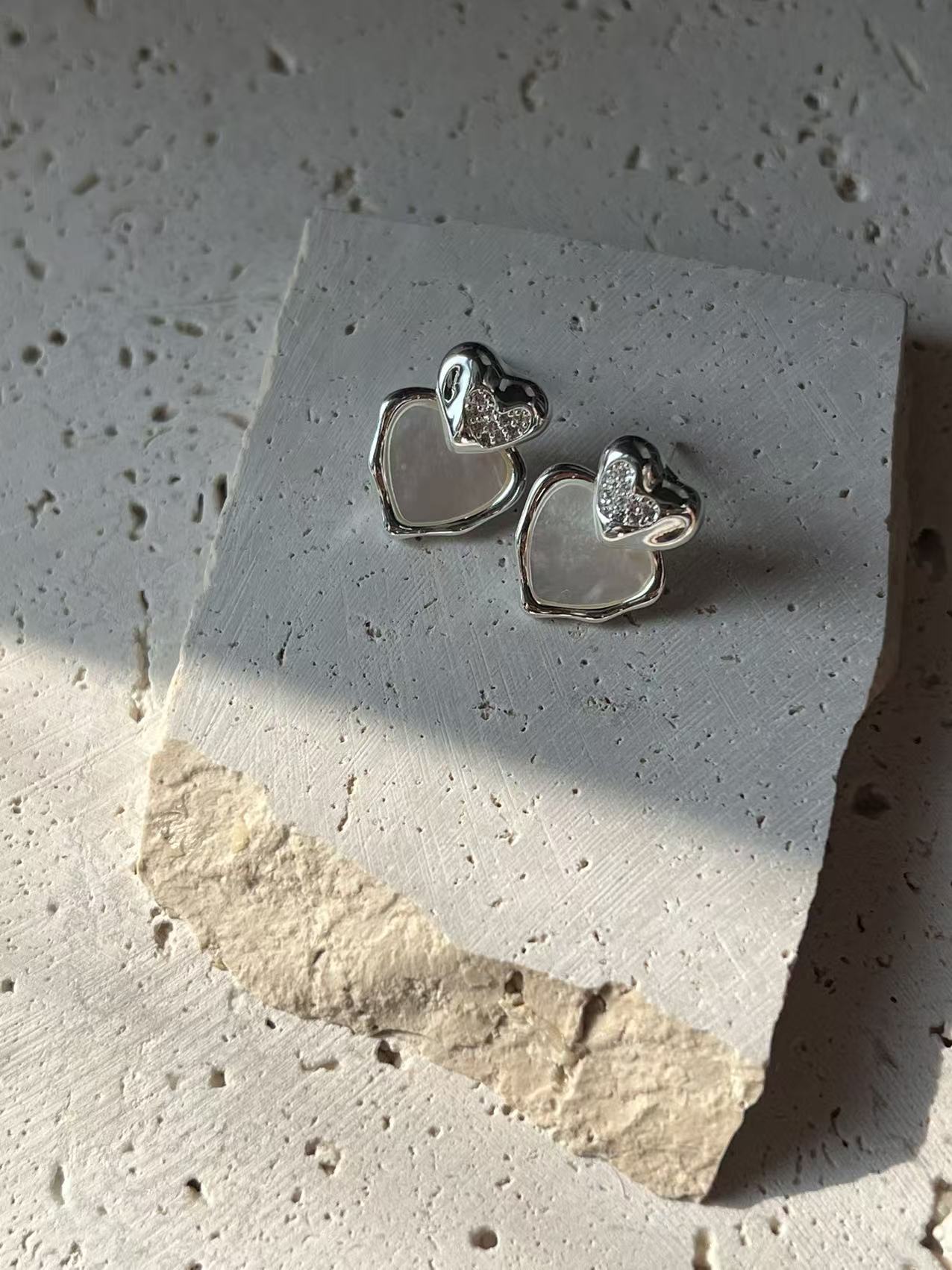 Mother of Pearl Double Heart Stud Earrings
