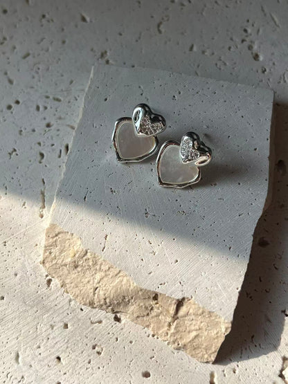 Mother of Pearl Double Heart Stud Earrings