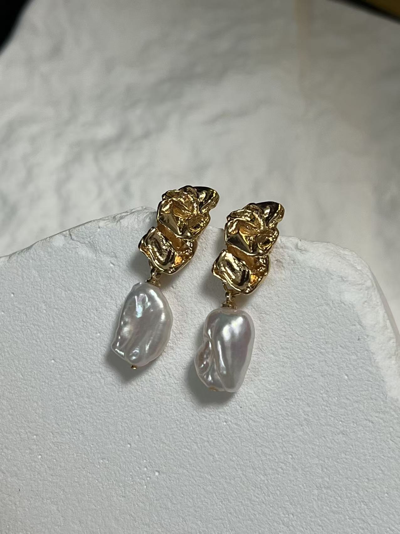 Freshwater Flat Baroque Pearl Drop Earrings with Gold Accents