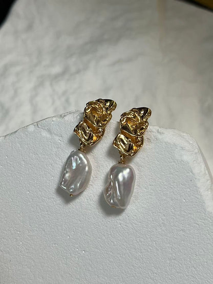 Freshwater Flat Baroque Pearl Drop Earrings with Gold Accents