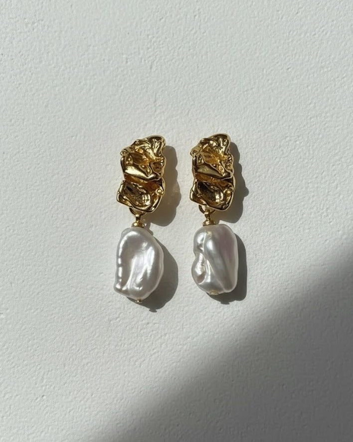 chunky gold and baroque pearl earrings