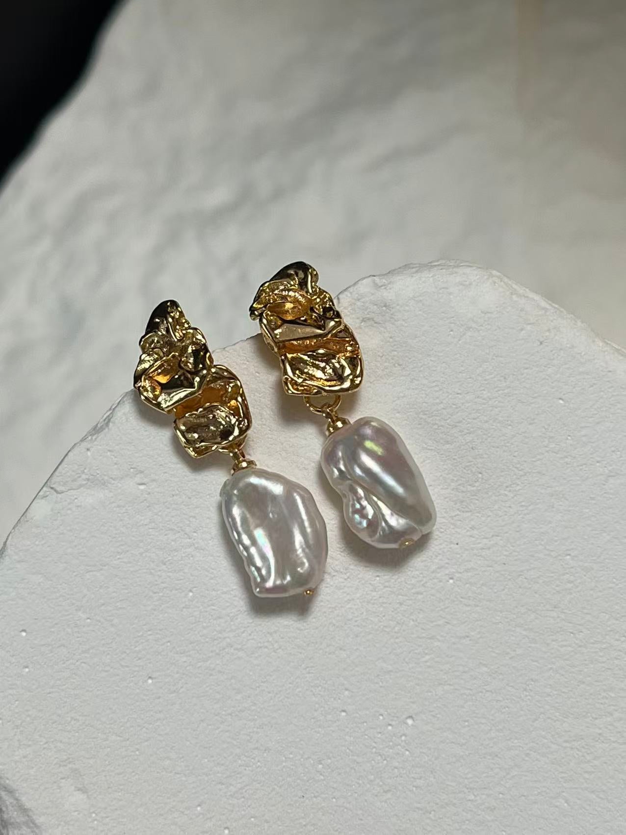 Freshwater Flat Baroque Pearl Drop Earrings with Gold Accents
