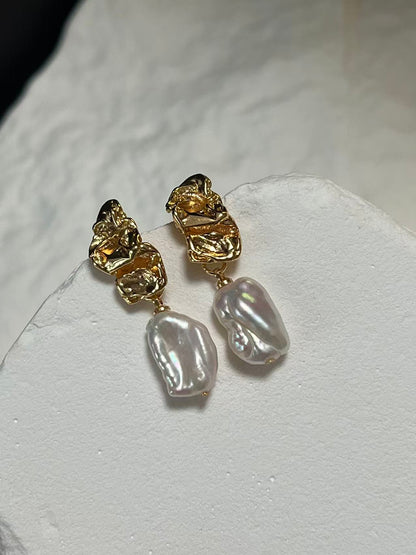 Freshwater Flat Baroque Pearl Drop Earrings with Gold Accents