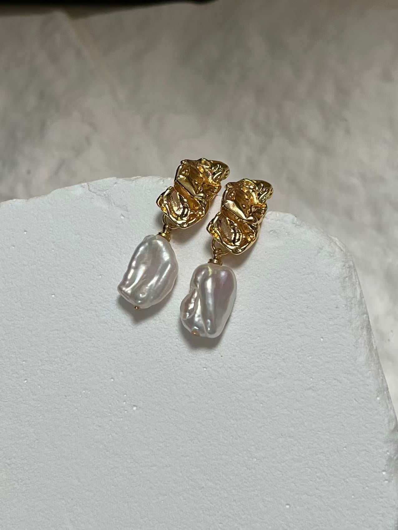 Freshwater Flat Baroque Pearl Drop Earrings with Gold Accents