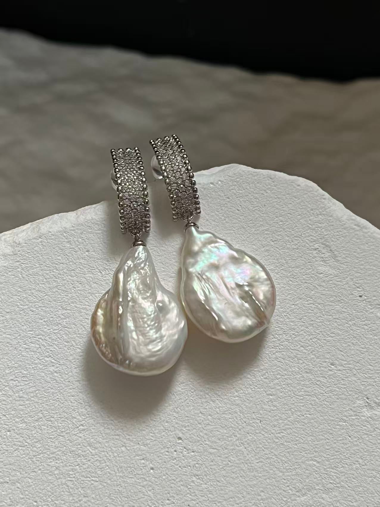 Freshwater Flat Baroque Pearl Drop Earrings with Rhinestones