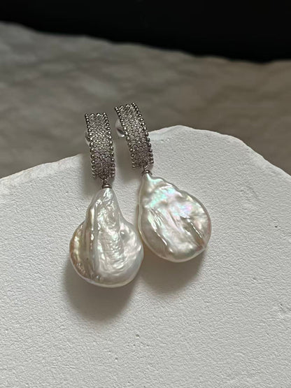 Freshwater Flat Baroque Pearl Drop Earrings with Rhinestones