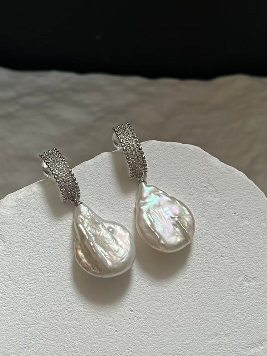 Freshwater Flat Baroque Pearl Drop Earrings with Rhinestones